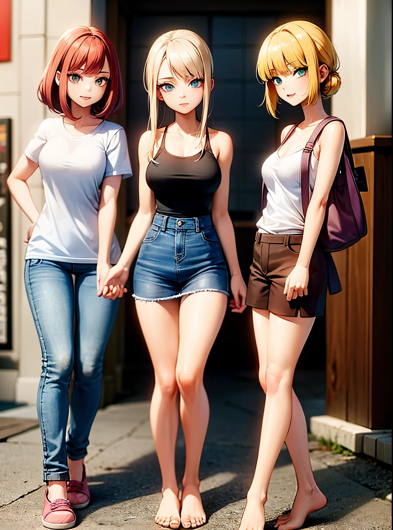 three girls, a blonde girl with green eyes, second redhead girl with blue eyes, third girl light yellow hair with light blue eyes, Casual clothes