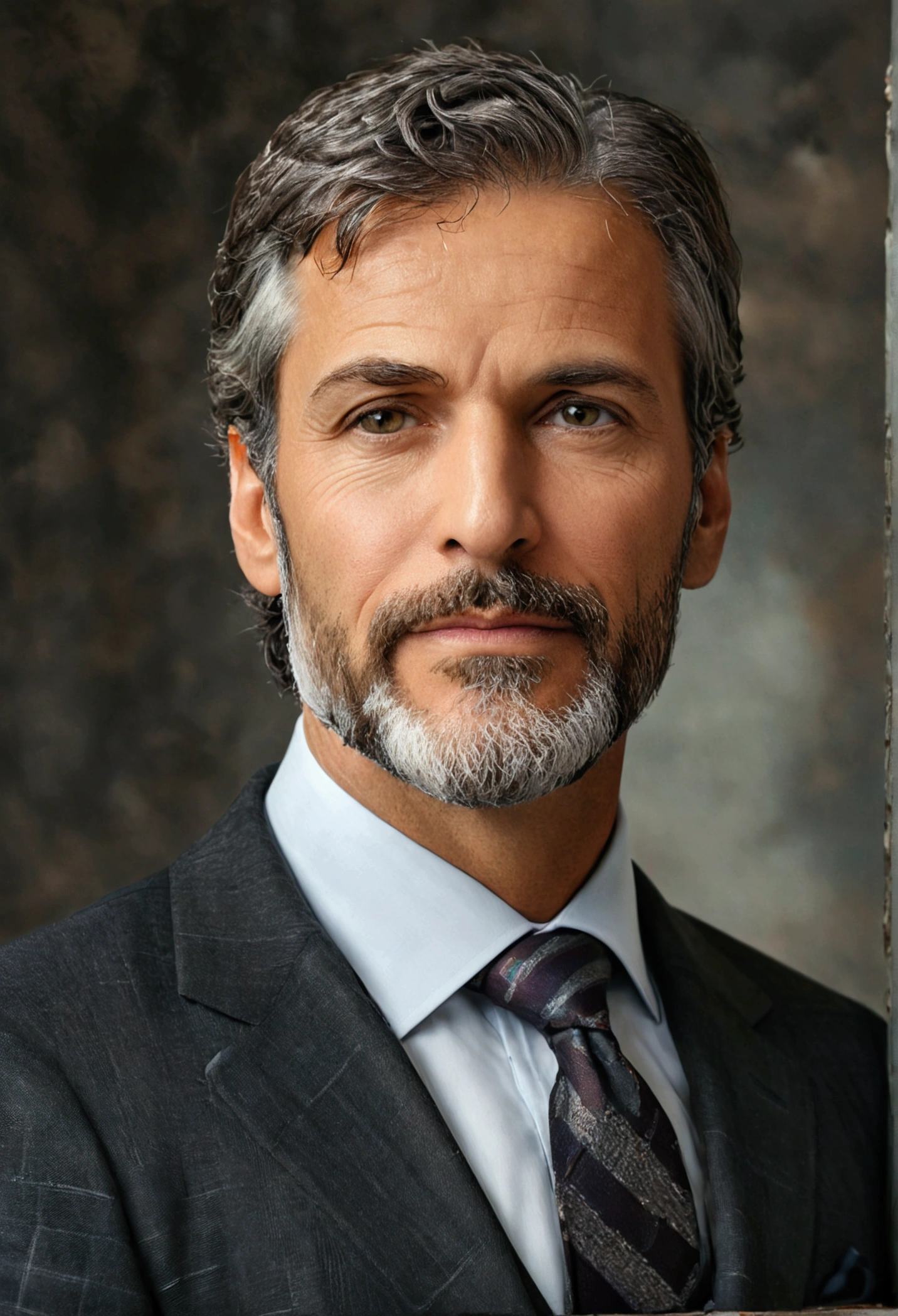 realistic image of 40-aged business professional, 100 ponds of weight, professionally dressed in a suit and tie, high-quality, highest resolution, standing position, hands down, professional, beautiful detailed slightly brownish eyes , beautiful detailed lips, medium beard, graying short hair, kind expression, warm smile, distinguished look, proper lighting, plain background, clean image with no blurry effect, ultra-detailed texture,masterpiece:1.2