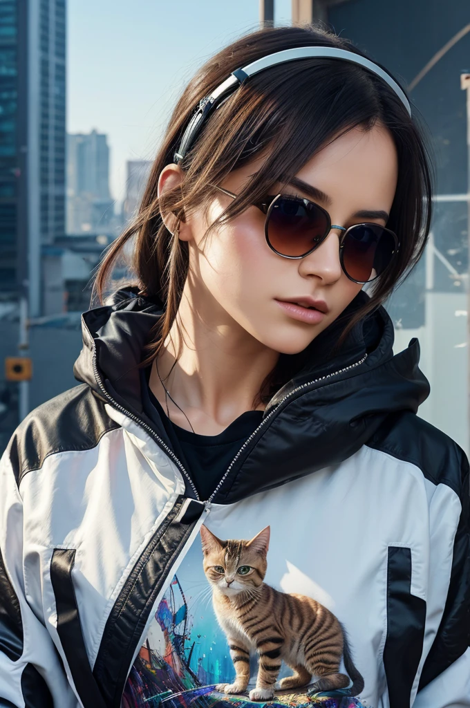 Perfect centering, A cute kitten all over, Wear a student jacket, Wearing sunglasses, Wearing headphones, Standing position, Abstract beauty, Centered, Looking at the camera, Facing the camera, nearing perfection, Dynamic, Moonlight, Highly detailed, Digital painting, art stations, concept-art, smooth, Sharp focus, 8K, high definition resolution, illustration, Art by Carne Griffiths and Wadim Kashin, White background with song in video