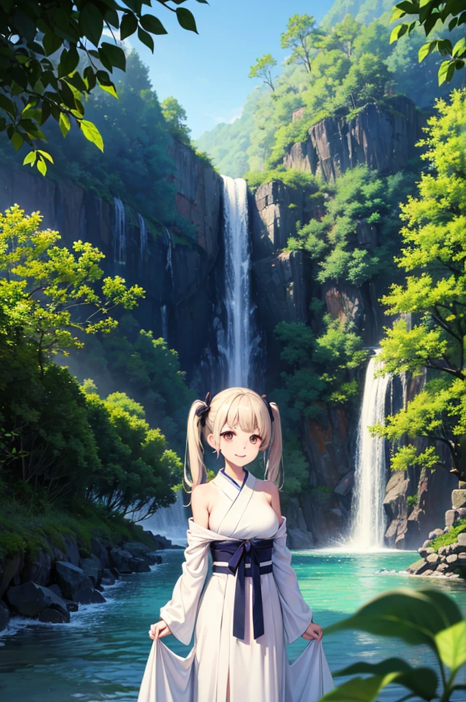 Sexy beauty，Beautiful Japanese Landscape、Big waterfall，Sunlight shines through the green leaves、The costume is a white dress、Light blue long hair、Beautiful girl with twin tails、Look up at the sky、Bright smile