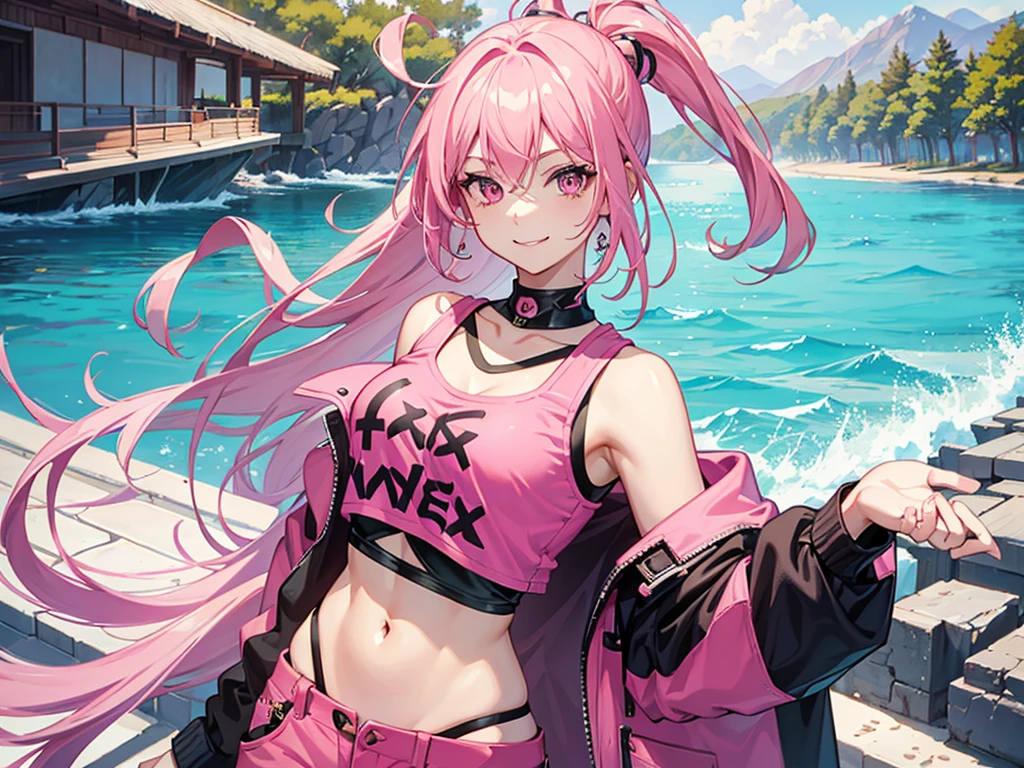 pink hair, hot, pink eyes, medium , crop top, shorts, smile, 8k