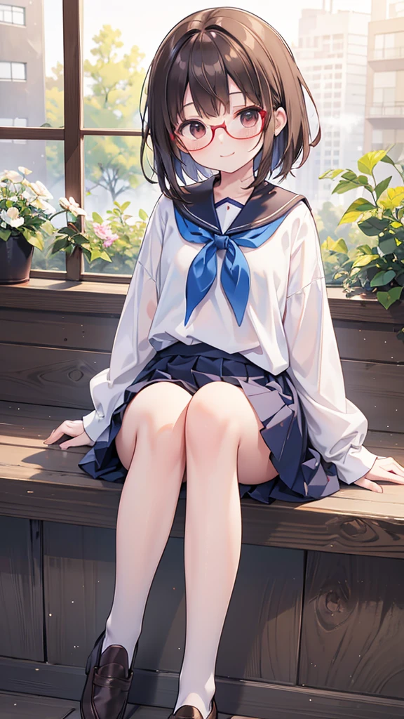field々Village Yuzuko、Hold your hands between your legischiefなsmile、18-year-old、pretty girl , Short brown hair, ,smile、mischief、joy、 Steam rises around her, Shooting from below, One Girl, Very short hair, White blouse, Navy Blue Skirt, Navy blue socks, Brown Loafers, White panties, Red frame glasses, Everyday Style, Highest quality, 4K, 8K, High resolution, masterpiece:1.2, Very detailed, Realistic, photoRealistic, photo-Realistic:1.37, High resolution, 超High resolution, Studio Lighting, Ultra-fine painting, Sharp focus, Physically Based Rendering, Very detailed説明, Professional, Vibrant colors, Bokeh