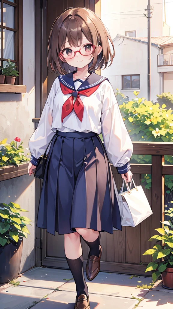 field々Village Yuzuko、Hold your hands between your legischiefなsmile、18-year-old、pretty girl , Short brown hair, ,smile、mischief、joy、 Steam rises around her, Shooting from below, One Girl, Very short hair, White blouse, Navy Blue Skirt, Navy blue socks, Brown Loafers, White panties, Red frame glasses, Everyday Style, Highest quality, 4K, 8K, High resolution, masterpiece:1.2, Very detailed, Realistic, photoRealistic, photo-Realistic:1.37, High resolution, 超High resolution, Studio Lighting, Ultra-fine painting, Sharp focus, Physically Based Rendering, Very detailed説明, Professional, Vibrant colors, Bokeh