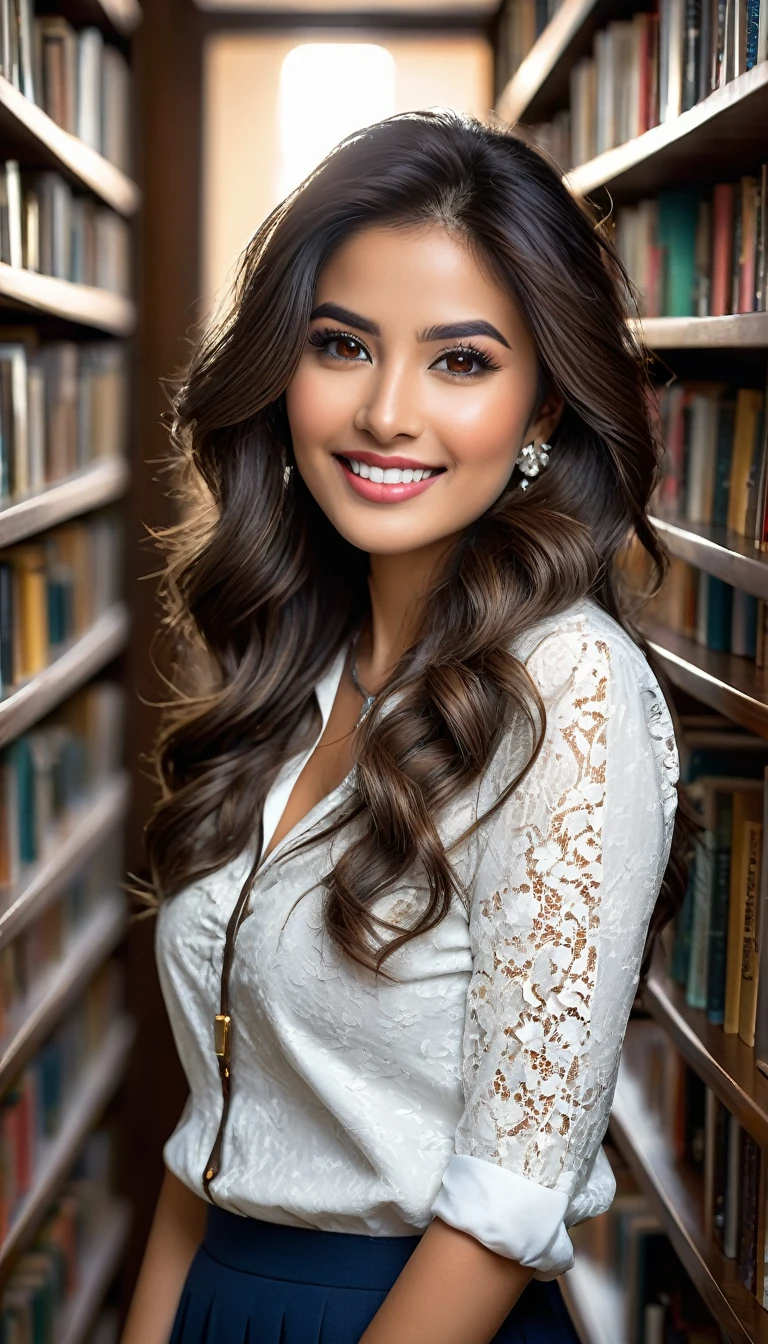 (((beautiful beautiful Isabela Merced, posing for photoshots, looking sexy, showing your smile, ruffled lips, Long flowing hair, extremely beautiful eyes))), ((wearing floral silver necklace)), realistic photoshotgraph, highy detailed, Spitz focus, (Main lighting), (indoor bookstore environment), work of art, extremely beautiful, Perfect beauty, (perfect shape body, Broad Hips, small waist, thick-thighs, firm abs, Body cute, medium breasts), ((30 years old)), (extremely detaild 8k wallpaper), ((face detailed)), (((wearing  white shirt, saia curta de tweed, nylons with a seam, Strad sandals)), (long dark eyelashes), (((aretes))), ((())), (((seen from behind))), (looking at the camera), ((())), (glamor model), (seductive and happy facial expression) (((standing between tall shelves full of books))), extremely detaild, work of art, details Intricate, highy detailed, Spitz focus, skin detailed, realistic skin texture, texture, detailedeyes, high resolution, kodak vision color, photoshot_\(ultra\), Post-processing, maximum detail, roughness, real-life, ultra realistic, photoshotrealism, photoshotgraphy, absurderes, RAW photoshot, highest quallity, high detail RAW color photoshot, professional photoshot, extremely detaild UHD 8k wallpaper unit, best qualityer, high resolution, (work of art, maximum quality, high resolution:1.4), photoshot, cinematic, Film grain, Spitz, soft natural light, magic photoshotgraphy, super verbose