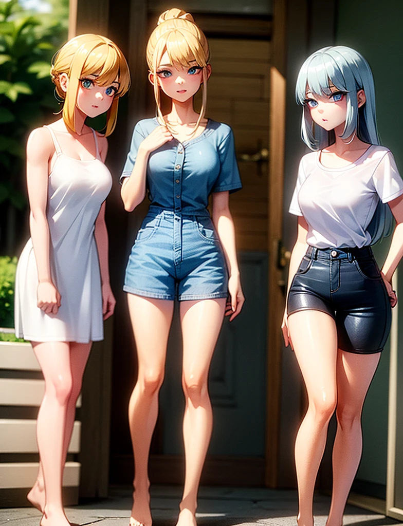 three girls, a blonde girl with green eyes, second redhead girl with blue eyes, third girl light yellow hair with light blue eyes, Casual clothes