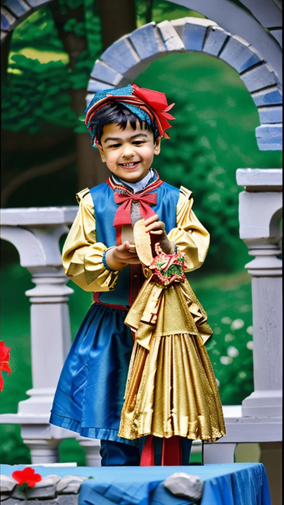 Realistic photography, rococo's style, A greek is wearing gauze a blue and a red crown, and he is handing a golden cup with a white flower to a greek younger girl dressed in a yellow and red outfit. There are six golden cups with flowers placed around them.Stone house in background, a three-dimensional depth.