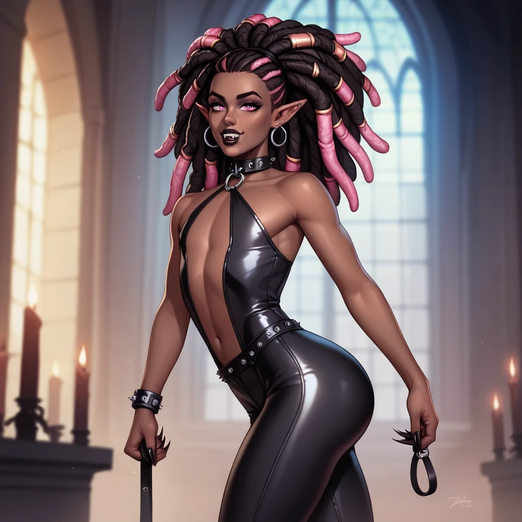 Best quality, highly detailed, ultra detailed, 1 brown skin boy, flat chest, male chest, slim curvy body, long pink dreadlocks, pink dreadlocks, pink eyes, vampire, pointy ears, sharp nails, black lipgloss, goth, wearing black bodysuit, black tight pants, showing big butt to the audience, castle, vampire castle, holding leash