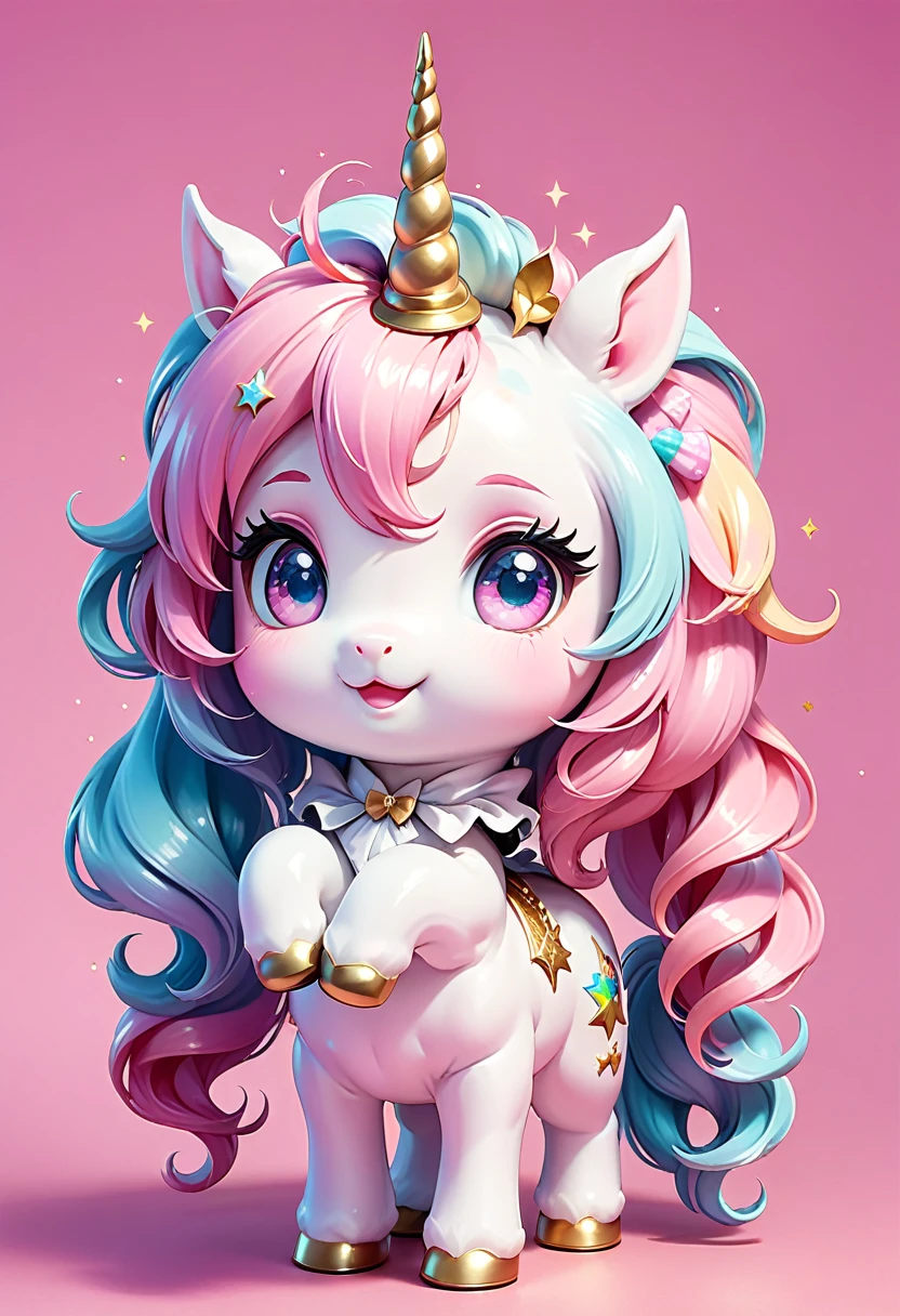 Digital art of a chibi unicorn, He has white skin, candy-colored mane and shining eyes, a top hat on his head, pink background, Extremely cute, charming and delicate. High Resolution, 8K, detailed masterpiece. Translucent image. Pastel tones.