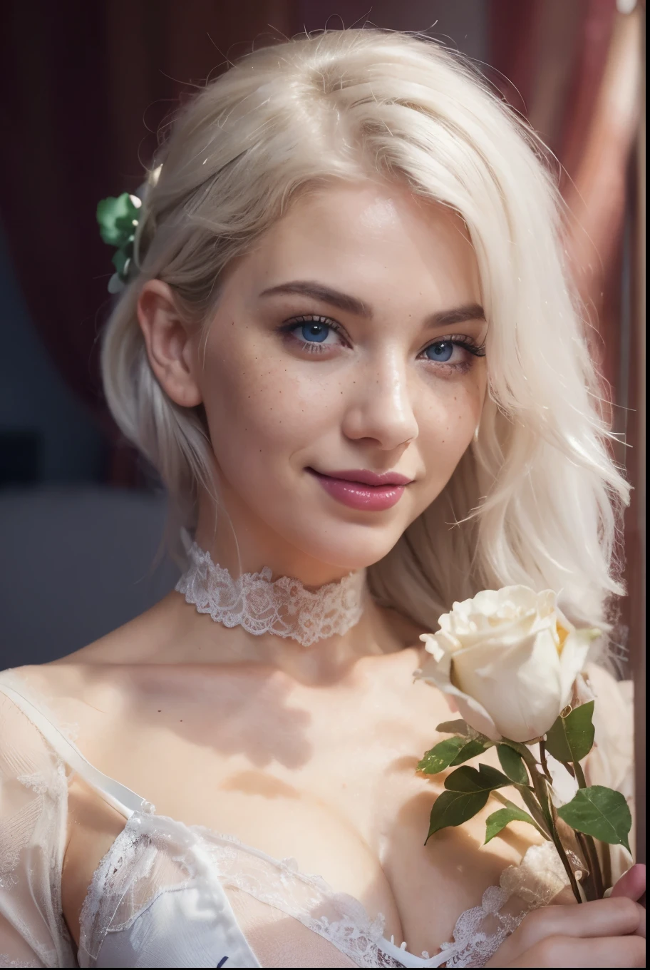 "(best quality,ultra-detailed),portraits,portrait of a woman with a beautiful and detailed face,(realistic) detailed blue eyes,light freckles around her nose,burgundy red lips,white hair,bunny teeth smile,white Saint Patrick's Day-themed erotic lingerie, seductively looking at the camera, in a bedroom", dimples smile, celebrating St. Patrick's Day, she is doing very sexy pose