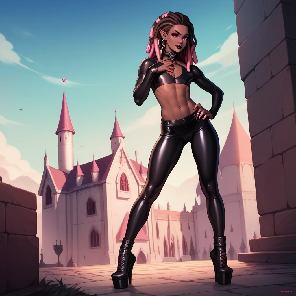 Best quality, highly detailed, ultra detailed, 1 brown skin boy, flat chest, male chest, slim curvy body, long pink dreadlocks, pink dreadlocks, pink eyes, vampire, pointy ears, sharp nails, black lipgloss, goth, wearing black bodysuit, black tight pants, showing big butt to the audience, castle, vampire castle