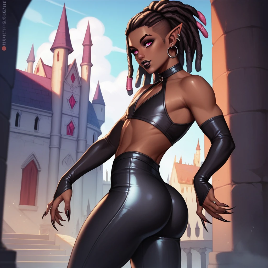 Best quality, highly detailed, ultra detailed, 1 brown skin boy, flat chest, male chest, slim curvy body, long pink dreadlocks, pink dreadlocks, pink eyes, vampire, pointy ears, sharp nails, black lipgloss, goth, wearing black bodysuit, black tight pants, showing big butt to the audience, castle, vampire castle