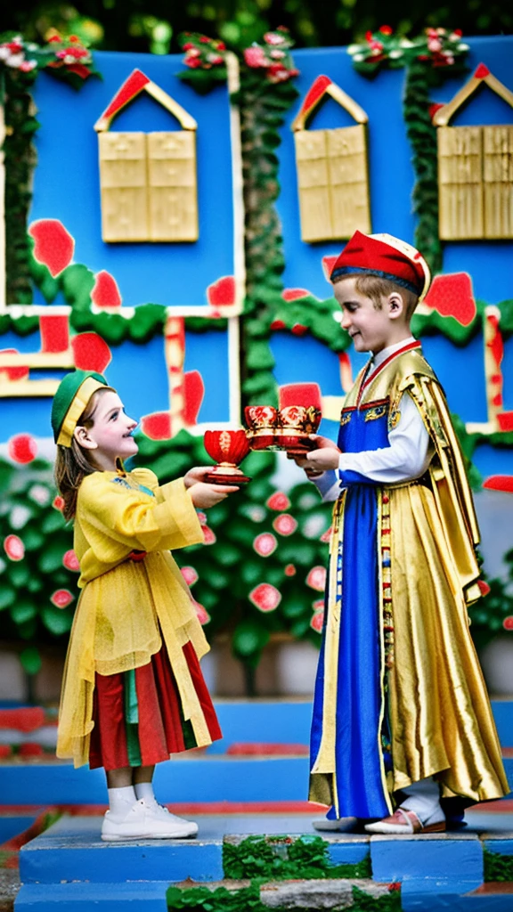 Realistic photography, rococo's style, A greek is wearing gauze a blue and a red crown, and he is handing a golden cup with a white flower to a greek younger girl dressed in a yellow and red outfit. There are six golden cups with flowers placed around them.Stone house in background, a three-dimensional depth.