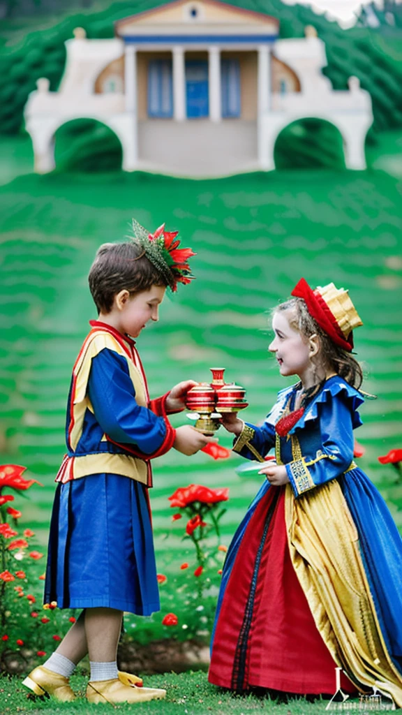 Realistic photography, rococo's style, A greek  boy is wearing gauze a blue and a red crown, and he is handing a golden cup with a white flower to a greek younger girl dressed in a yellow and red outfit. There are six golden cups with flowers placed around them.Stone house in background, a three-dimensional depth. 