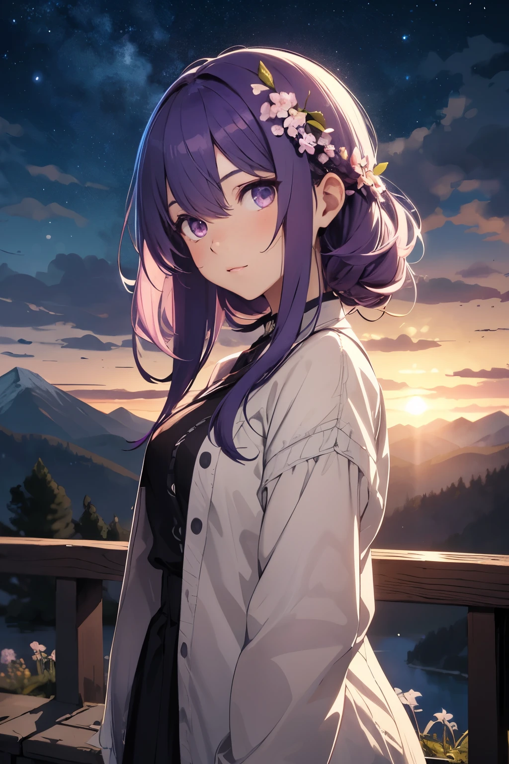 beautiful anime girl with purple hair, at post evening outside, mountains. night blossom