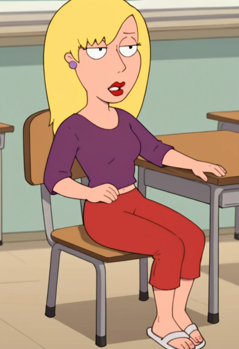 Score_9_up, score_8_up, score_7_up, 1girl, solo, cdamco, connie d'amico, blonde hair, long hair, red lips, purple shirt, red pants, sandals, classroom,  