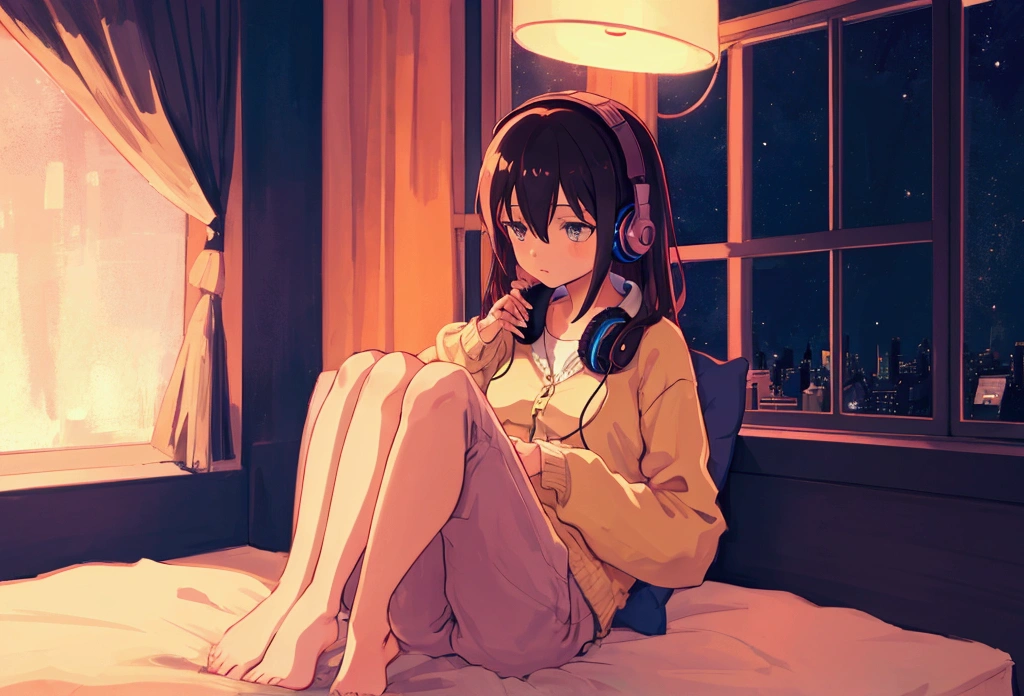 Girl listening to music in a cozy room at night, Using headphones, 2D style anime, Lo-fi, HD, Dark environment