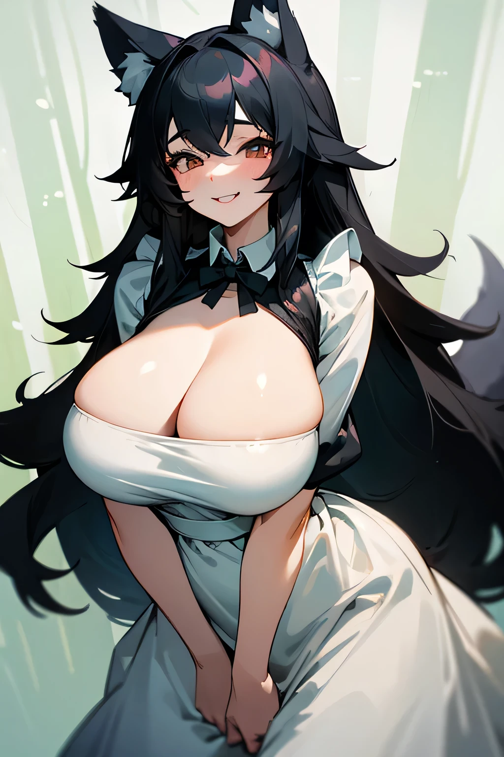 ((best quality)), ((masterpiece)), (detailed), 1girl, wolf ears, long black hair, cute, bubbly smile, white skin, forest background, simple anime mouth, huge breasts overflowing, wearing white apron dress showing cleavage