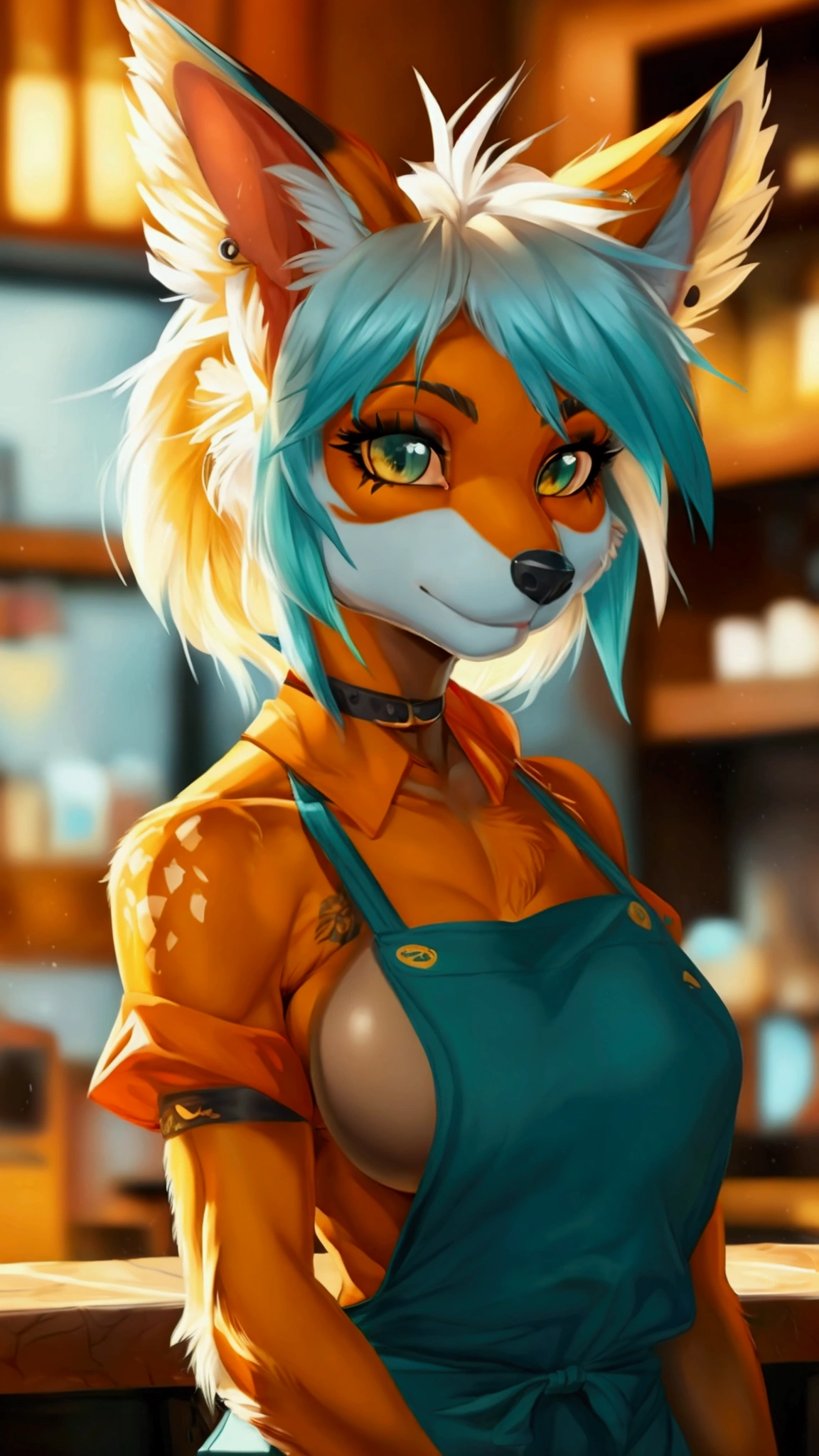 (anthro)) vixen/fox, by cervina_7, Best Quality, masterpiece,, Illustration, Wallpaper,1girl in, Solo, orange fur, white hair, mohawk on one side, ,mohawk haircut, the end tips of hair are aqua blue, dot piercings 3 in 2 row down her snoot, multipule golden ear piercings , golden yellow eyes, glowing eyes, Beautiful detailed girl, extremely detailed eye and face, black dragon tattoo on her arm, tattoos, Beautiful detailed eyes, natural_Lighting, Looking at Viewer, Thick_thighs, big ass, tall, hourglass figure, female, cute, Starbuck, casher, barista, Starbucks apron, large breasts, natural breasts, tail, tall, happy expresion, wide hips thin waist, 8k