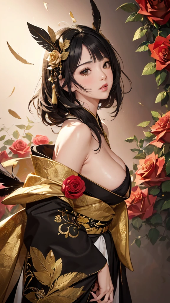 Looking up,Facing forward,Front view,((Highly detailed CG unit 8k wallpaper, masterpiece, High resolution, highest quality, highest qualityのリアルテクスチャスキン)), ((very beautiful woman, Komatsu, :1.5, plump lips, Japanese pattern haori)), (messy black hair, white skin, small ), ((and handle background, Colorful background with roses and feathers、Gold and black warm color)), hyper realistic, digital painting, concept art,black&Gold Kimono,Girl looking straight ahead,セクシー