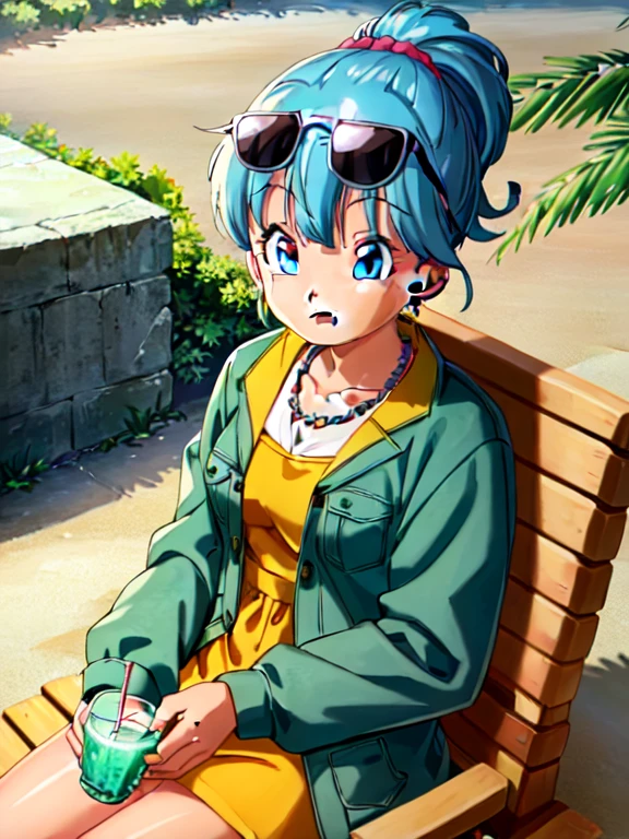 ((extremely detailed CG unity 4k wallpaper)),(masterpiece),(ultra quality),(ultra-detailed),(best illustration),(best shadow),(Extremely Detailed),(absurdres),(detailed background), Bulma, 1girl, solo, blue hair, blue eyes, jewelry, earrings, eyewear on head, sunglasses, lipstick, makeup, short hair, tree, tropical drink, bulma, drinking straw, flower, palm tree, drink, chair, food, necklace, smile, cup, fruit