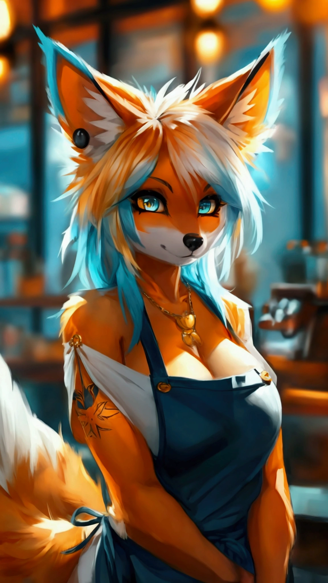 (anthro)) vixen/fox, by zanamaoria, Best Quality, masterpiece,, Illustration, Wallpaper,1girl in, Solo, orange fur, white hair, mohawk on one side, ,mohawk haircut, the end tips of hair are aqua blue, dot piercings 3 in 2 row down her snoot, multipule golden ear piercings , golden yellow eyes, glowing eyes, Beautiful detailed girl, extremely detailed eye and face, black dragon tattoo on her arm, tattoos, Beautiful detailed eyes, natural_Lighting, Looking at Viewer, Thick_thighs, big ass, tall, hourglass figure, female, cute, Starbuck, casher, barista, Starbucks apron, large breasts, natural breasts, tail, tall, happy expresion, wide hips thin waist, 8k