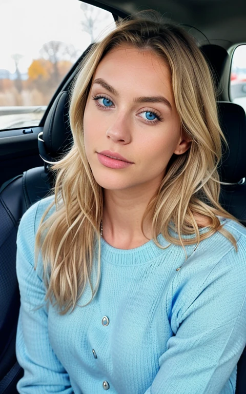 beautiful blonde wearing a blue sweater (in the car), very detailed, 21 ans, visage innocent, natural wavy hair, blue eye, high resolution, head of'artwork, best quality, intricate details, very detailed, sharpness, detailed skin, realistic skin texture, texture, detailed eyes, Professionnel, 4K, charming smile, shot with Canon, 85mm, shallow depth of field, Kodak Vision Color, corps parfaitement ajusté, extremely detailed, Photo_\(ultra\), photorealistic, realistic, Post-traitement, maximum detail, roughness, real life, ultra realistic, photorealism, la photographie, 8k uh, la photographie