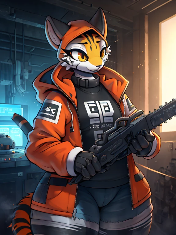 женщина anthro furry tiger ,absurdity, A high resolution, ultra detailed,
1 girl,oversized hooded jacket,whole body,
holding mechanical chainsaw,