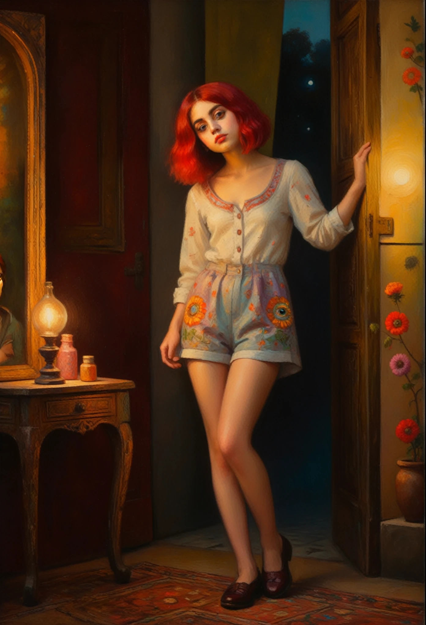 [(front portrait: pretty teen girl  with big eyes and a short red bob)((Mordecai-Ardon style)))::20]/[background:landscape
 Baroque (moonlight sunset), style Rafael Santi], naive art, primitivism, protogen, crimson/liliac, very colorful,((oil painting)),((masterpiece)),single shot