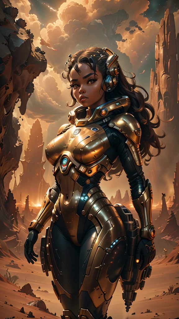 "Photorealistic image of a seductive retro space girl, golden hour lighting, alien landscape with dramatic rock formations, wind-blown clouds, detailed plug suit with metallic accents, rule of thirds composition, rich colors, sharp focus, capturing the essence of vintage sci-fi glamour, high-resolution photography"