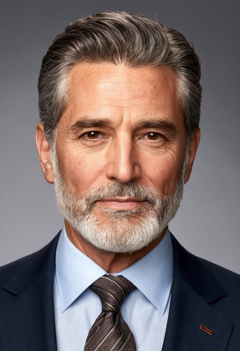 realistic image of 45-aged business professional, 100 ponds of weight, professionally dressed in a suit and tie, high-quality, highest resolution, standing position, hands down, professional, beautiful detailed slightly brownish eyes , beautiful detailed lips, medium beard, graying short hair, kind expression, warm smile, distinguished look, proper lighting, plain background, clean image with no blurry effect, ultra-detailed texture,masterpiece:1.2