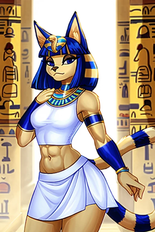 ((best quality)), ((masterpiece)), (detailed), a digital artwork of ankha with abs wearing a crop top of her white sleeveless dress with white long dress skirt, a bare midriff and a bare navel, Egyptian setting, tail, blue Egyptian handbands, furry, anthro style,