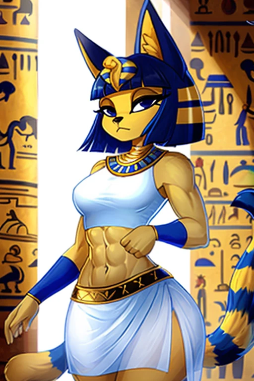 ((best quality)), ((masterpiece)), (detailed), a digital artwork of ankha with abs wearing a crop top of her white sleeveless dress with white long dress skirt, a bare midriff and a bare navel, Egyptian setting, tail, blue Egyptian handbands, furry, anthro style,