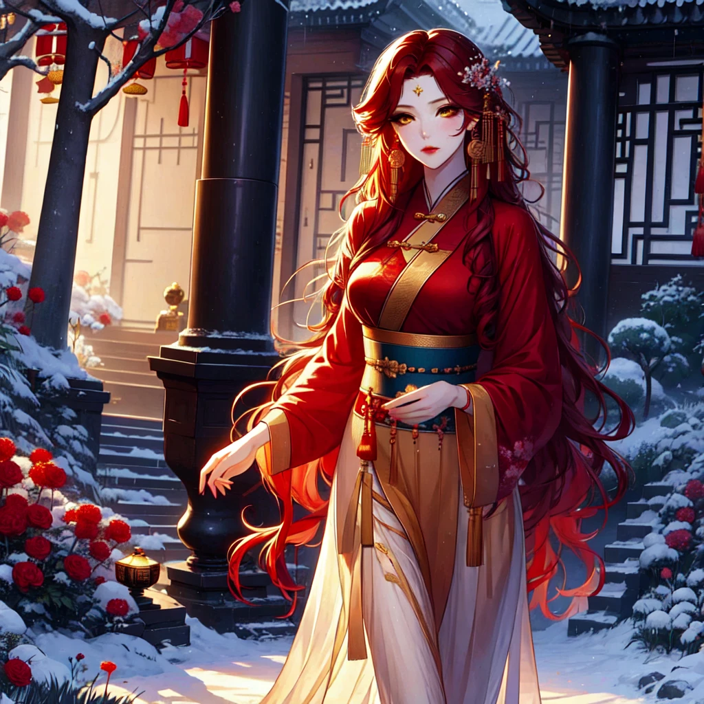 (masterpiece, best quality: 1,2), 1women, Xian mei, individual golden eyes, long red curly hair, jewelry, perfect anatomy, traditional Chinese hanfu, mangolia, sexy, hot, beautiful background, walking in the forest, picking flowers, holding a holding a flowery branch, forest,