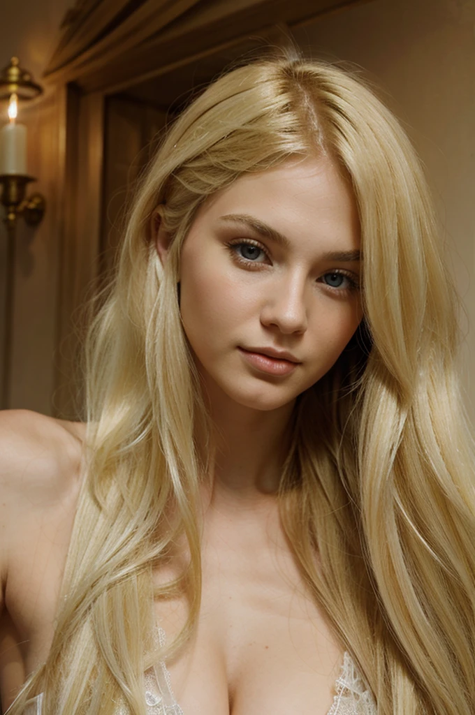beautiful russian woman, ((blond)), long blond hair, forme d'Athlete, tetas grandes, sun set, contact lenses, regarder le spectateur, head of'artwork, best quality, Perfect detail, Perfect facial detail , Perfect eye detail, perfect skin detail, depth of field, perfect lighting, Room, nue, Unclothed, 30 ans, corps parfait
