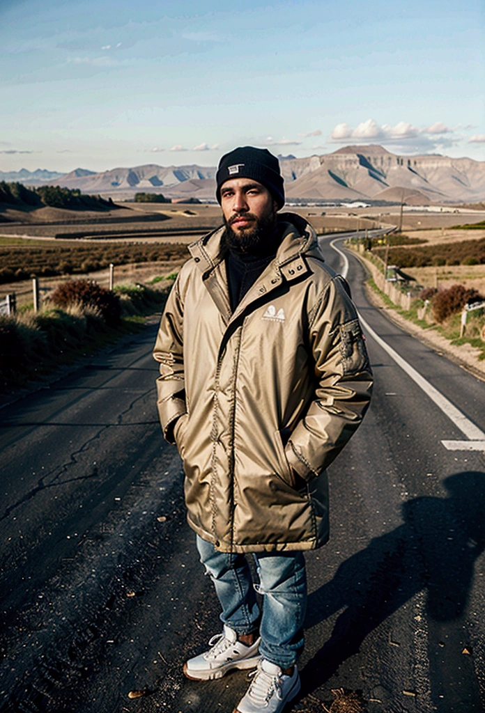 a latin man, 28 years old dark, without so much front, with medium comb over haircut, for the side and beard black, warm with a puffer jacket with a hood, White shoes. look at the horizon and think about your whole life, 1 man on the scene in the distance, far has to be far, in the middle of a road, surrounded by field. calm and peaceful composition, wide angle camera scene, contemplative scene, full body shot, sun , movie perspective, High Definition, photorealistic