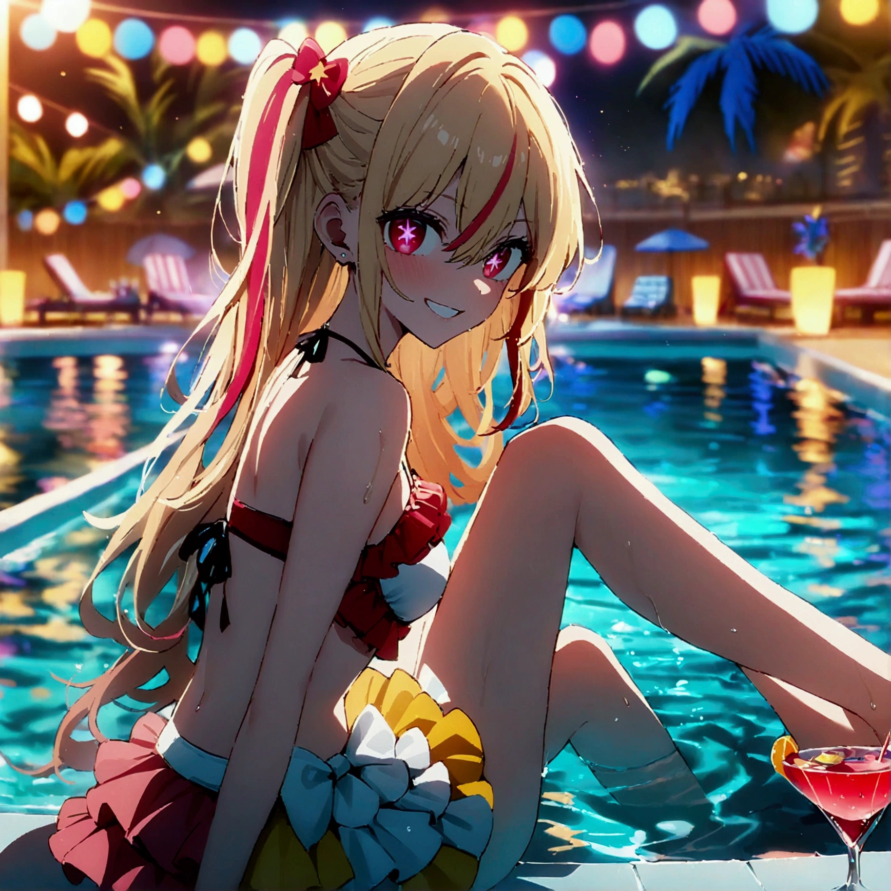 night pool, luxurious pool party venue with a large crowd, large circular swimming pool, hoshinoruby, star-shaped pupils, ruby_hoshino, idol, blonde hair, bangs, pink eyes, long hair, looking at viewer, red eyes, streaked hair, hair between eyes, left side ponytail, medium breasts, finely detailed skin, grin, frilled bikini, from side, (best quality, masterpiece, high quality, extremely detailed CG unity 8k wallpaper, intricate details), light particles, only a few beach balls in pool, caustics, (legs together:1.3, sitting poolside), glass of cocktail, DJ party on the other side of the pool, Swimsuit wearers on the other side of the pool, many pool lights, 