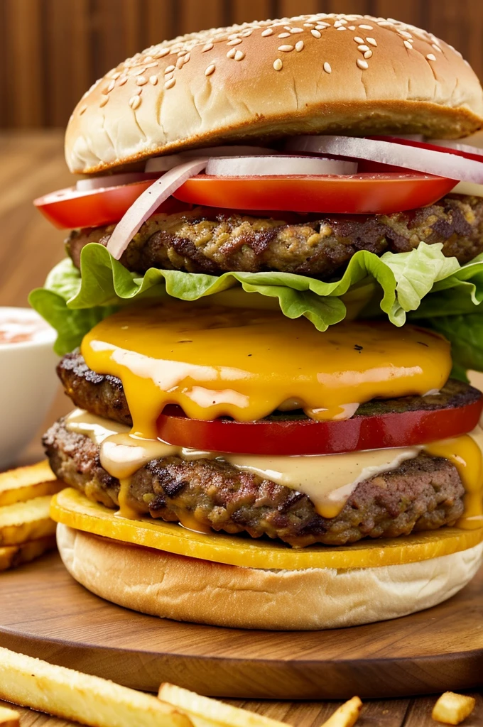 {
"prompt": "A delicious hamburger with ingredients layered from bottom to top as follows: bottom bun, well-done egg, Friboi beef patty, two slices of ham, two slices of cheese, three slices of tomato, two leaves of lettuce, and top bun. The burger is served on a wooden board with crispy fries and ketchup. The background shows a cozy burger joint. Include a 'Special Offer' sign in bright colors.",
"size": "1792x1024",
"n": 1
}