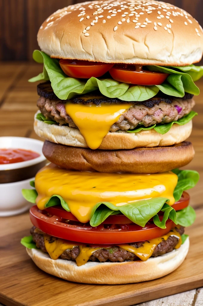 {
"prompt": "A delicious hamburger with ingredients layered from bottom to top as follows: bottom bun, well-done egg, Friboi beef patty, two slices of ham, two slices of cheese, three slices of tomato, two leaves of lettuce, and top bun. The burger is served on a wooden board with crispy fries and ketchup. The background shows a cozy burger joint. Include a 'Special Offer' sign in bright colors.",
"size": "1792x1024",
"n": 1
}