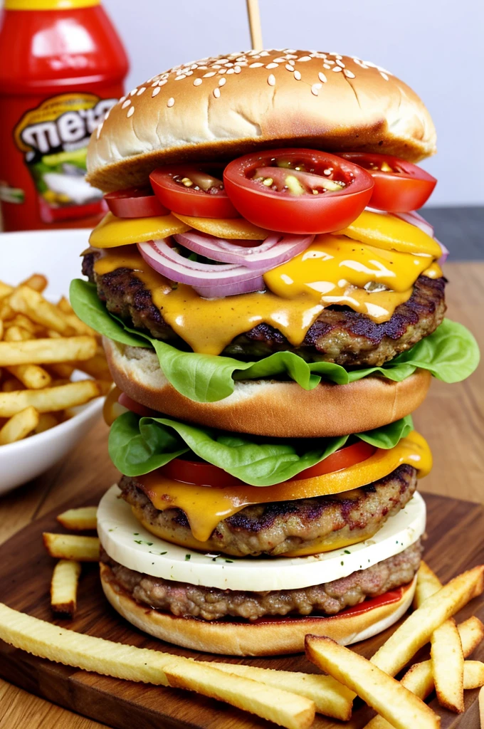 {
"prompt": "A delicious hamburger with ingredients layered from bottom to top as follows: bottom bun, well-done egg, Friboi beef patty, two slices of ham, two slices of cheese, three slices of tomato, two leaves of lettuce, and top bun. The burger is served on a wooden board with crispy fries and ketchup. The background shows a cozy burger joint. Include a 'Special Offer' sign in bright colors.",
"size": "1792x1024",
"n": 1
}
