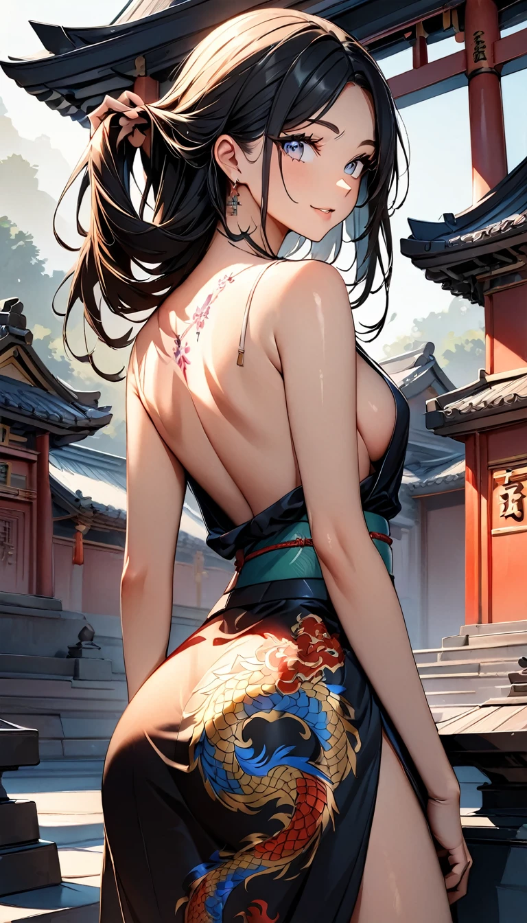 (highest quality:1.2, Very detailed, Latest, Vibrant, Ultra-high resolution, High Contrast, masterpiece:1.2, highest quality, Best aesthetics), (((1 girl))), 4k, From the back, big dragon tattoo on back, Tattoo on back,, Beautiful back, Pull up your hair, Nape, Detailed tattoo representation, Colorful tattoo dragon, Fine image, wearing kimono, The kimono is fluttering, kimono only covering legs, bare chest, bare back, Beautiful Skin, (Detailed Eye Expression:1.2), Beautiful woman looking back, Standing, Cowboy Shot, Black Hair, Long Hair, Dutch Angle, Full Body Shot. Chinese temple, simple background
