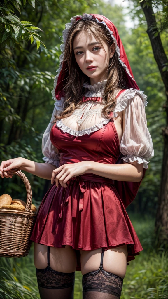 4K, Realistic,Very detailed,((Big Breasts))、18-year-old、smile、(Little Red Riding Hood)、(Medieval clothing)、(mini skirt)、Thigh-high stockings、(Carrying a basket of bread and wine)、grassland、((Delicate painting))，(Detailed RAW photos of girls), (Masterpiece:1.25), (Highest quality:1.6), (Ultra-high resolution:1.5), (Realistic:1.75), 8K resolution,:1.6),  Canon EOS R5, 50mm,Very detailedな,Cinema Lighting
