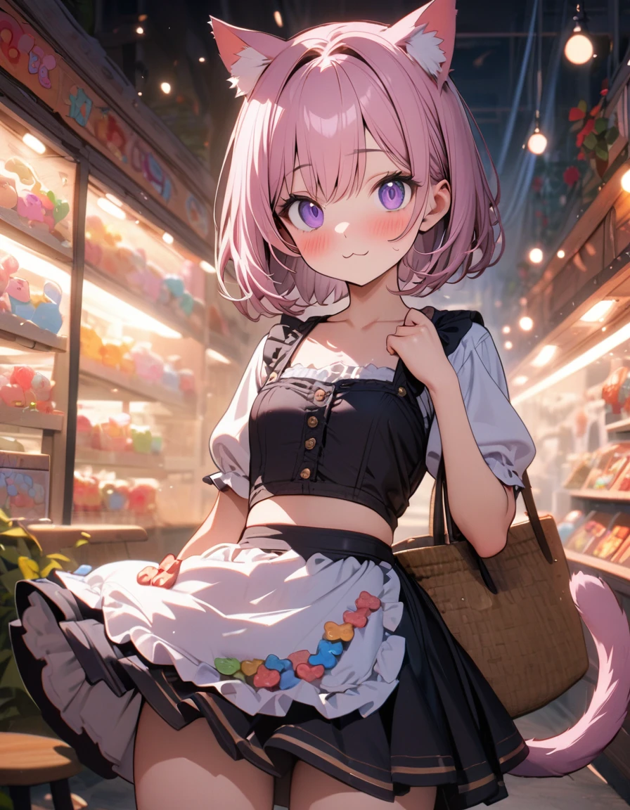 (8K, best quality, master piece: 1.2),super high resolution,1 girl,16yo,solo,ultra-detailed face,deep detailed eyes,purple eye,(holding a bag of "Haribo Gummy Bears"),the girl has pink hair,very short hair,cat ears,cat tail,blush,(crop top, dirndl:1.2),:3,looking at viewer,cowboy shot,rim light,Candy Garden