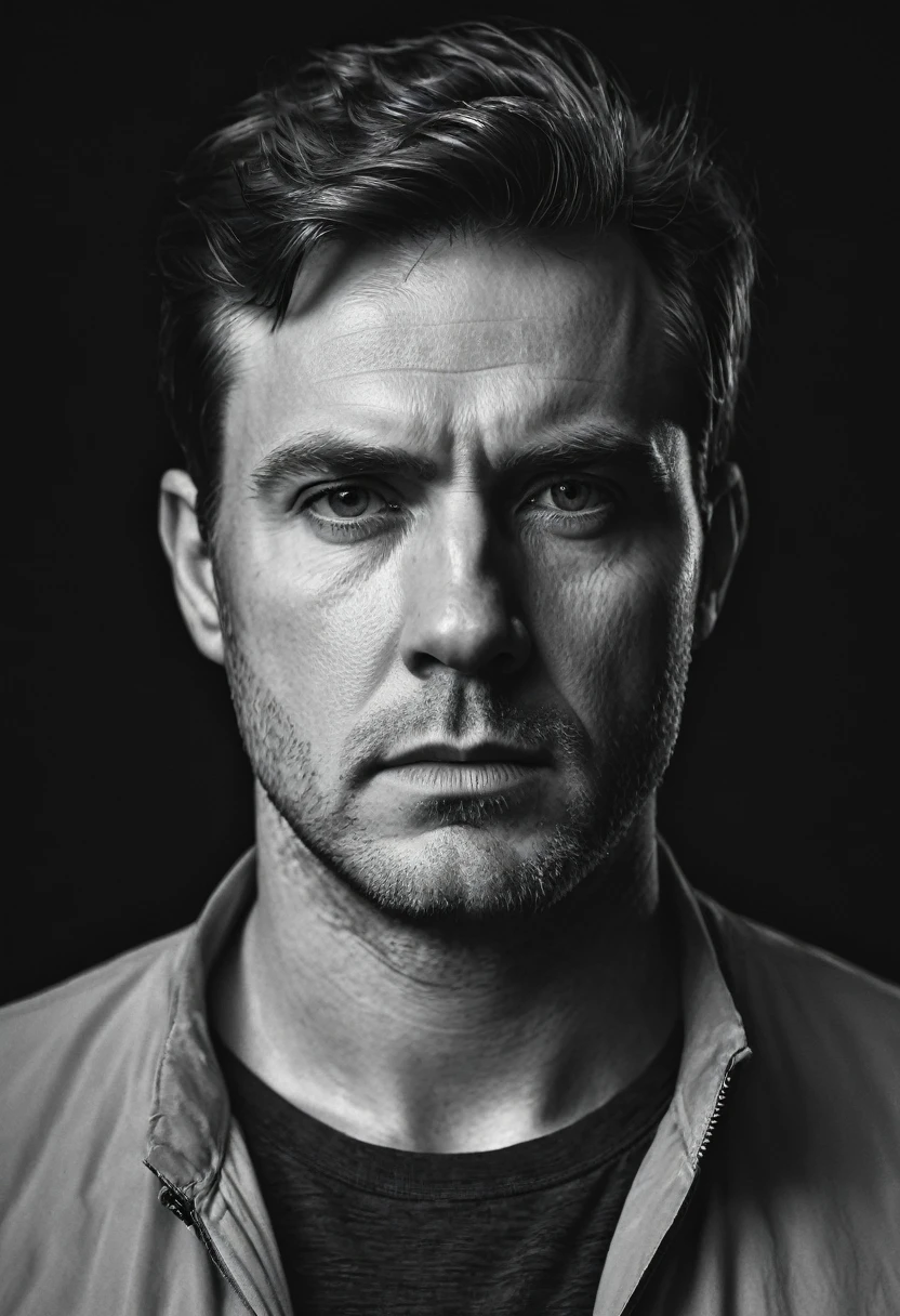 Black and white portrait of a very serious white man against a dark background, hyperrealistic image 