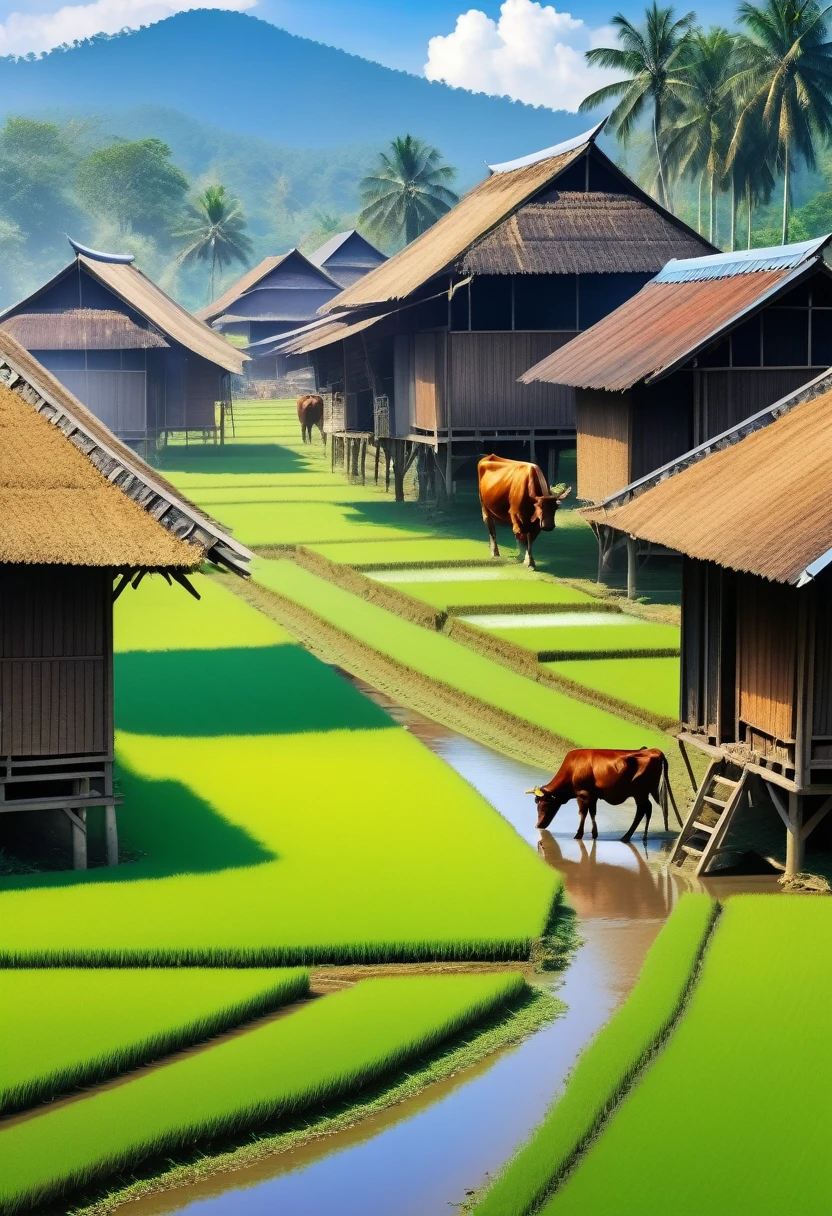 In a beautiful Malaysia village , paddy field , wooden house ,zinc roofing , buffalo, chicken, cow , people doing daily basis 