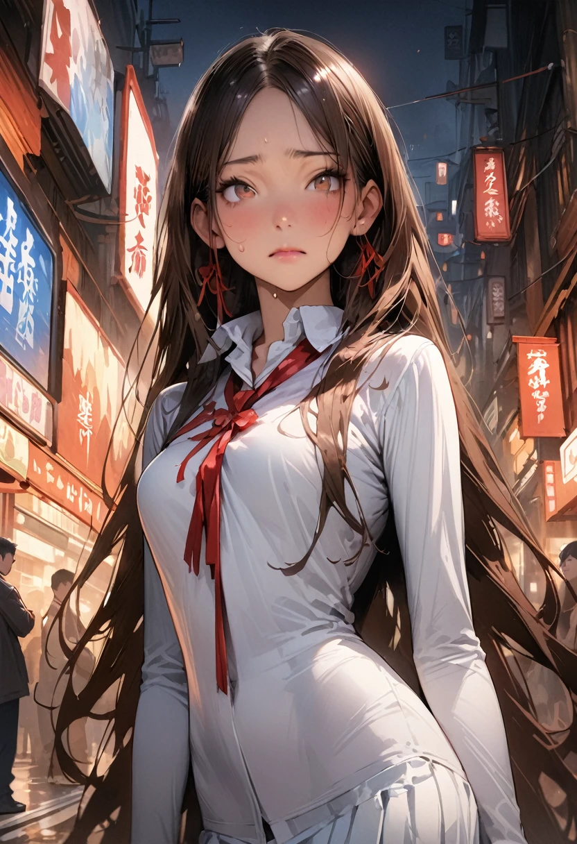 ((masterpiece,Highest quality:1.3,best quality illustration,realistic:1.5)),cowboy shot,独奏,1woman,(18-year-old、Japanese Beauty)、brown hair,long hair,(center parted bangs),brown eyes,gorgeous eyes,((very small head:1.3)),shy,((very long body:1.2,skinny)),medium breasts,(tan skin),(Red ribbon tie、White collared shirt、Long sleeve navy blue pleated mini skirt),sweat,gleaming skin,toned body,slender body,on street,Shibuya、Modern Tokyo、