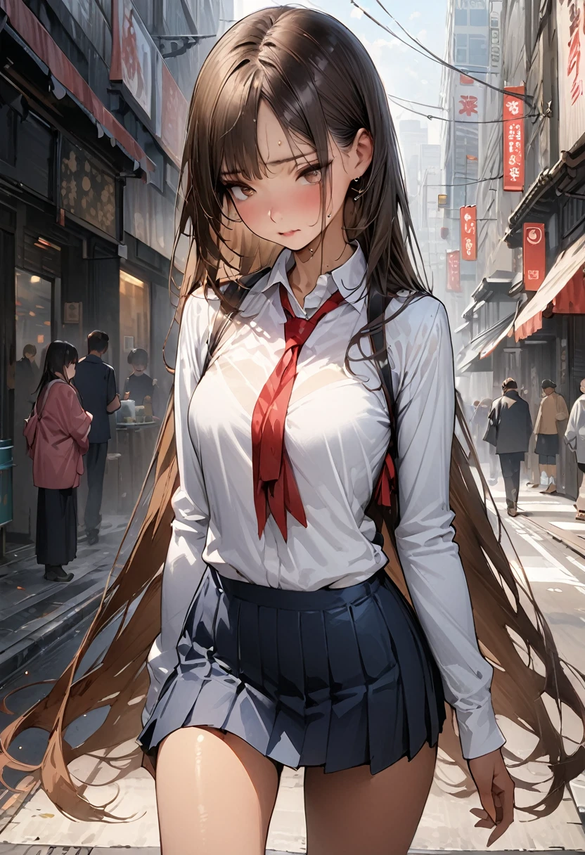 ((masterpiece,Highest quality:1.3,best quality illustration,realistic:1.5)),cowboy shot,独奏,1woman,(18-year-old、Japanese Beauty)、brown hair,long hair,(center parted bangs),brown eyes,gorgeous eyes,((very small head:1.3)),shy,((very long body:1.2,skinny)),medium breasts,(tan skin),(Red ribbon tie、White collared shirt、Long sleeve navy blue pleated mini skirt),sweat,gleaming skin,toned body,slender body,on street,Shibuya、Modern Tokyo、