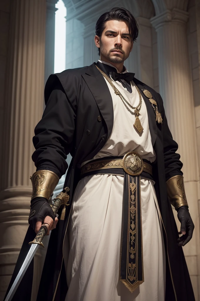 A solemn and imposing figure of a Freemason holding the Holy Scriptures in one hand and a sword in the other. He is dressed in traditional Masonic regalia, complete with apron, sash, and gloves. He stands in a firm, resolute posture. The background is a classic setting, perhaps a temple or a majestic natural landscape, emphasizing the seriousness and symbolism of the scene. The lighting is soft, with a special focus on the man's expression, conveying a mix of wisdom and strength. The Bible and the sword should be detailed and prominently featured, symbolizing faith and power."