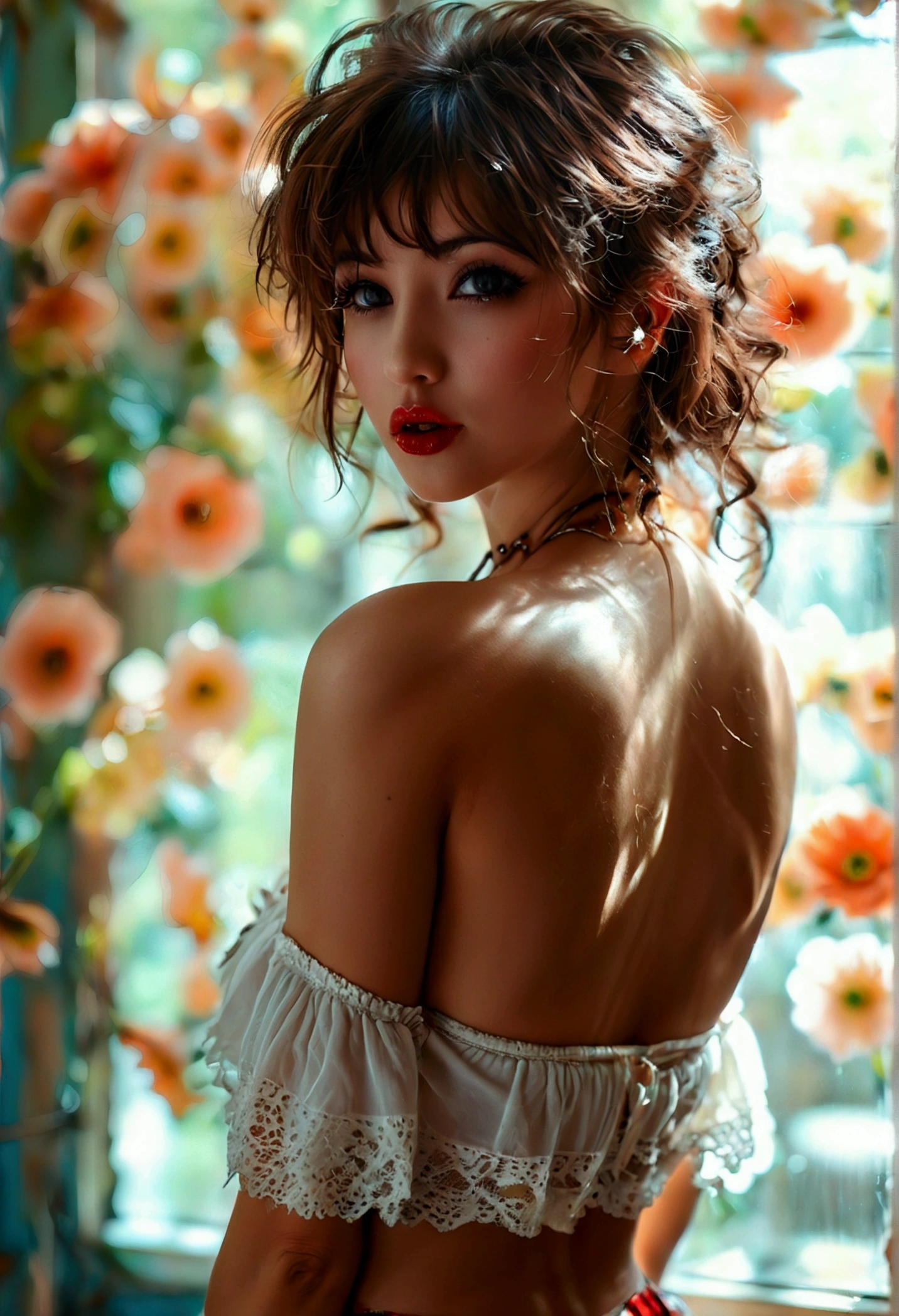 nsfw, 8k raw photo, best qualityer, work of art, ultra high resolution, Film grain, filmg, 1 girl, gazing at viewer, natural skin texture, realistic eye and face details, full lips, lipstick, (make up), red eyeshadow, Messy hair, cabelo curto com bangss, cabelo curto com bangss cobrindo a testa, cabelo curto com bangss ((((cabelo curto com bangss cobrindo a testa)))), ((breasts small:1.4)) ((open blouse cleavage:1.3)) ssmile, close her mouth, beautiful flegs, tall woman, skinny, Scrawny_flegs, standing alone, Huge breasted, neckleace, ((random sexy pose: legs 1.3)) ultra short skirt, It is, chemise, Beautiful natural location, near the flower spot, (detailed back ground), plaid skirt, white chemise, Huge breasted, neckleace, Show a little neckleace through the chemise, moccasins, blurry background, blurry, containment, plaid, manga curta, get out jk on the neck, get out jk, chestnut hair, bracelet, water, bangss, , jewerly, parted lips, lips, from sideways, pleatedskirt, Depth of field