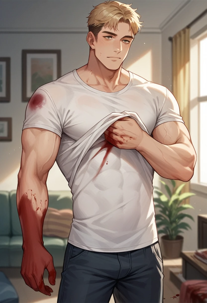 muscular, beautiful blond man, 25 years old, dressing white t-shirt , entering the living room, body front, blood stains on white t-shirt