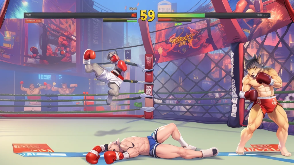 a detailed picture of a boxing match (male anthros, two boy), slim body, slim features, in a boxing ring, Ross Tran, ruan jia, trending on artstation, foxovh,User Interface of Fighting game, Crisis, assorted poses, assorted expression, full body, sound effects, motion blur, from side, ((yellow wolf, blue shorts, knocked out on the floor)), (((gray wolf, white shorts, boxing pose))) “VS”
